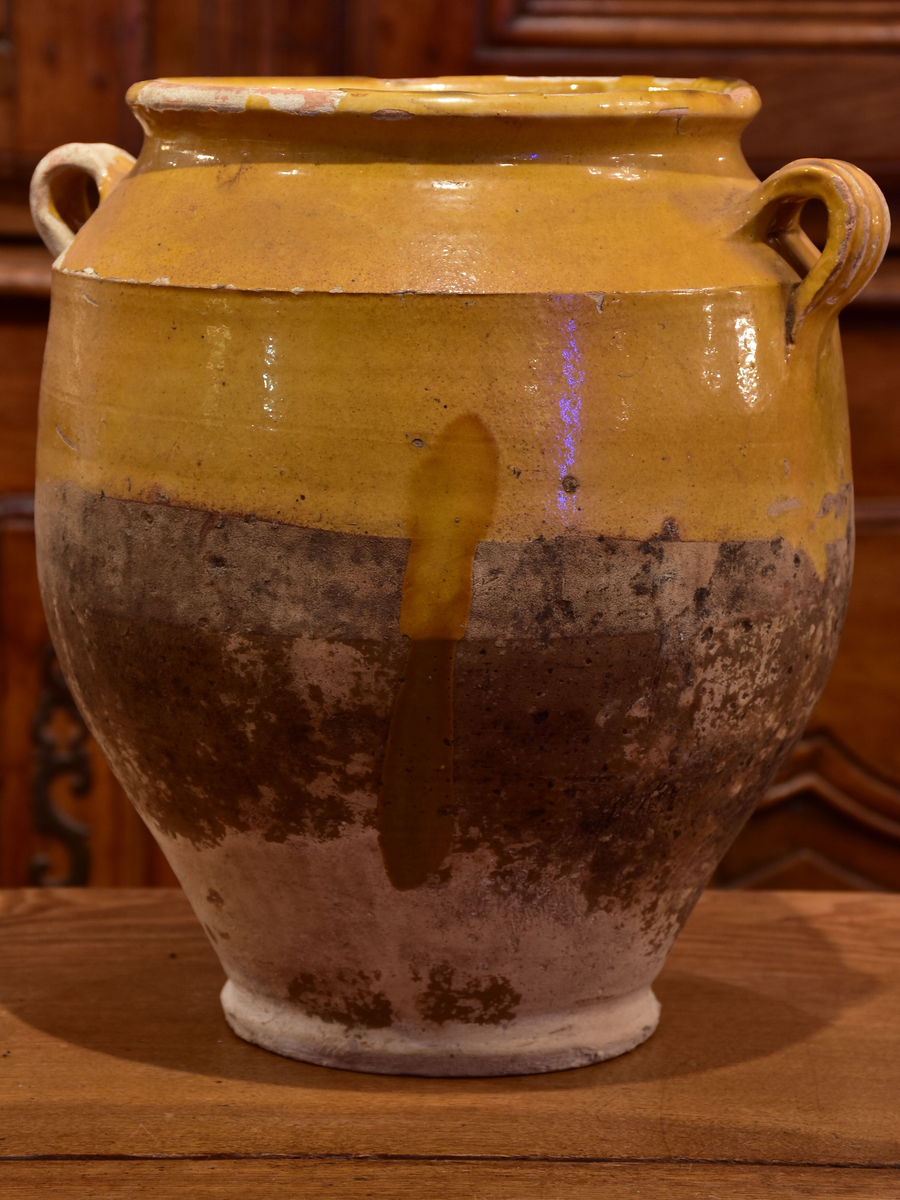 19th century French confit pot with ochre glaze