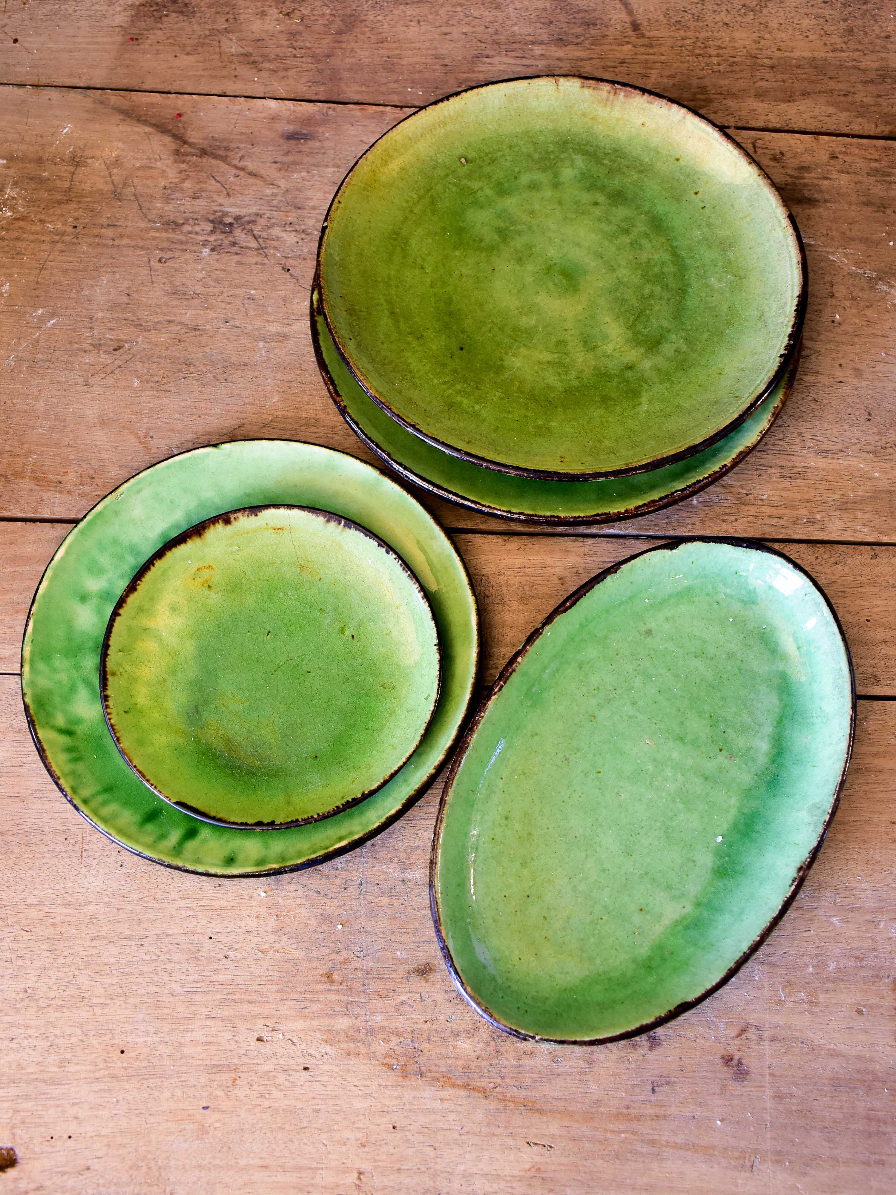 Five vintage French green plates from Dieulefit