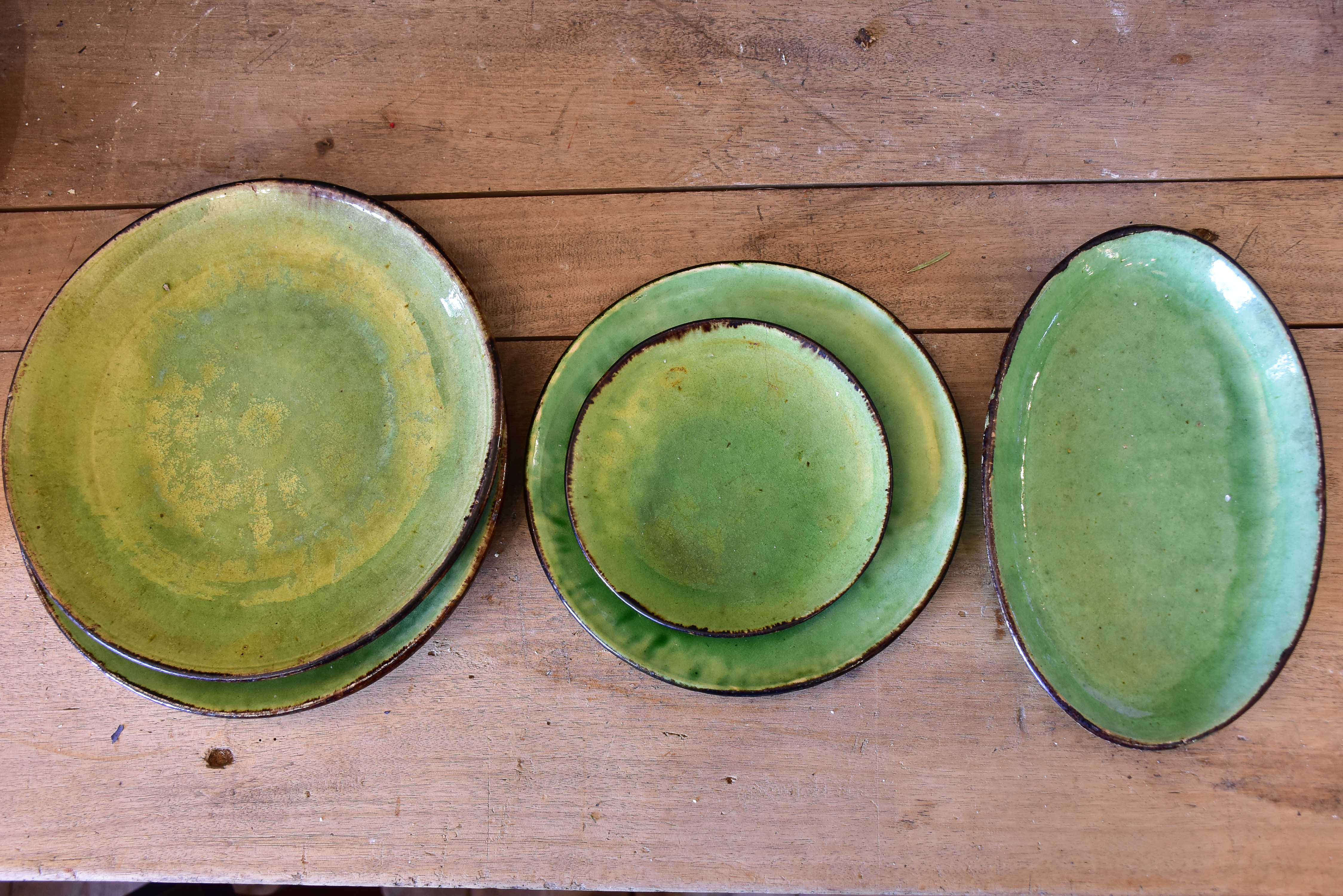 Five vintage French green plates from Dieulefit