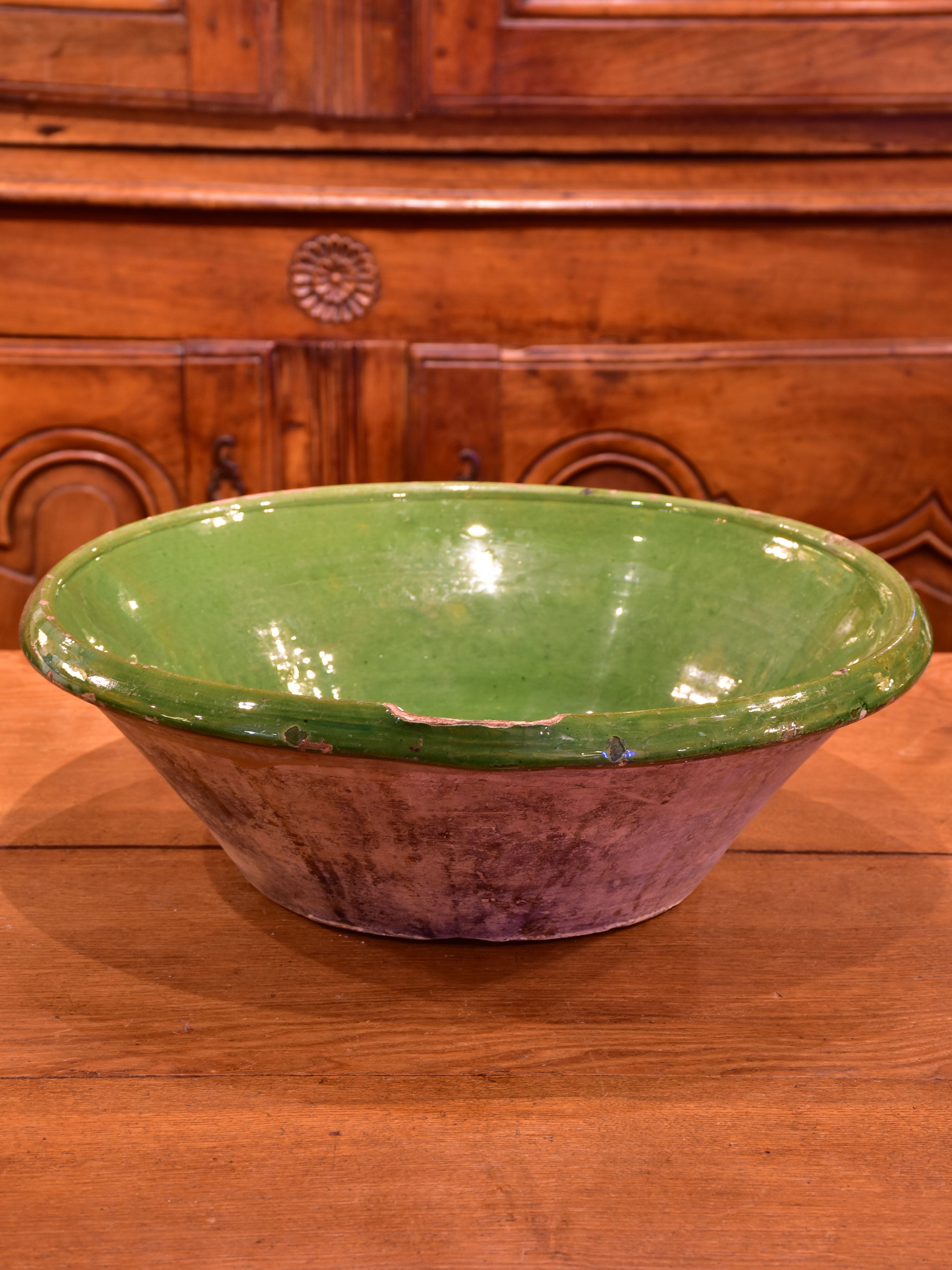 Large green glazed French ceramic bowl from Savoy