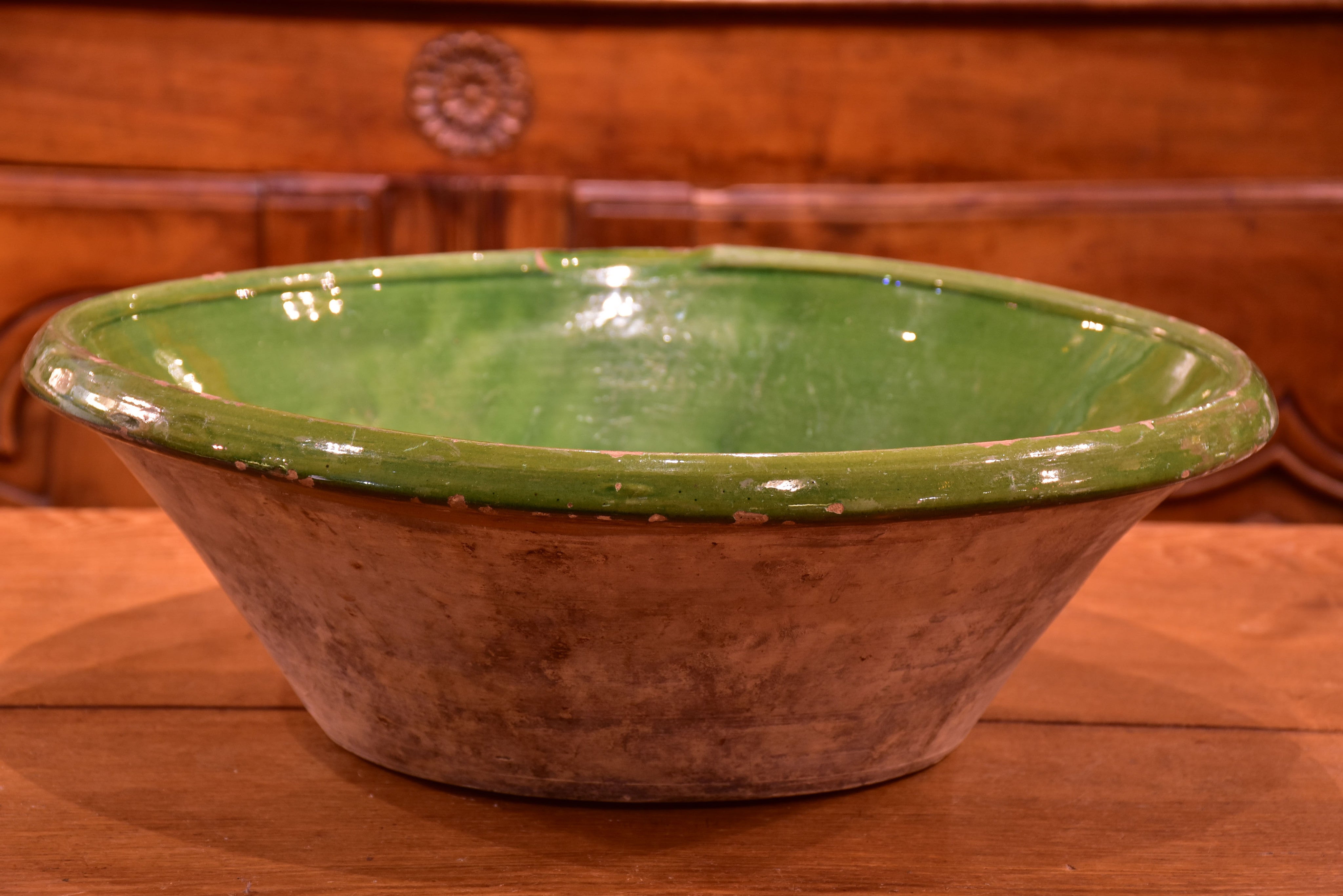 Large green glazed French ceramic bowl from Savoy