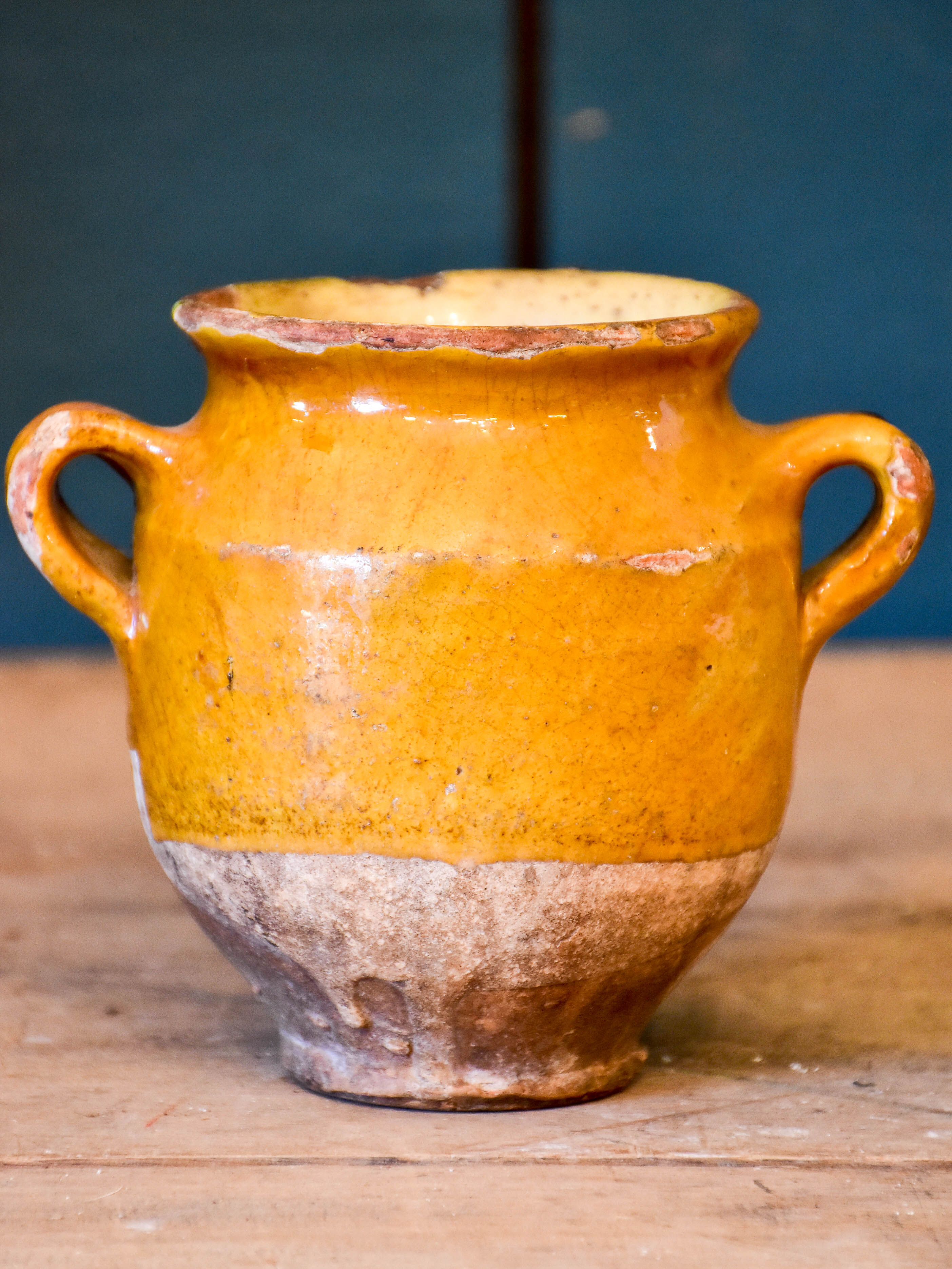 Very small antique French confit pot with yellow glaze