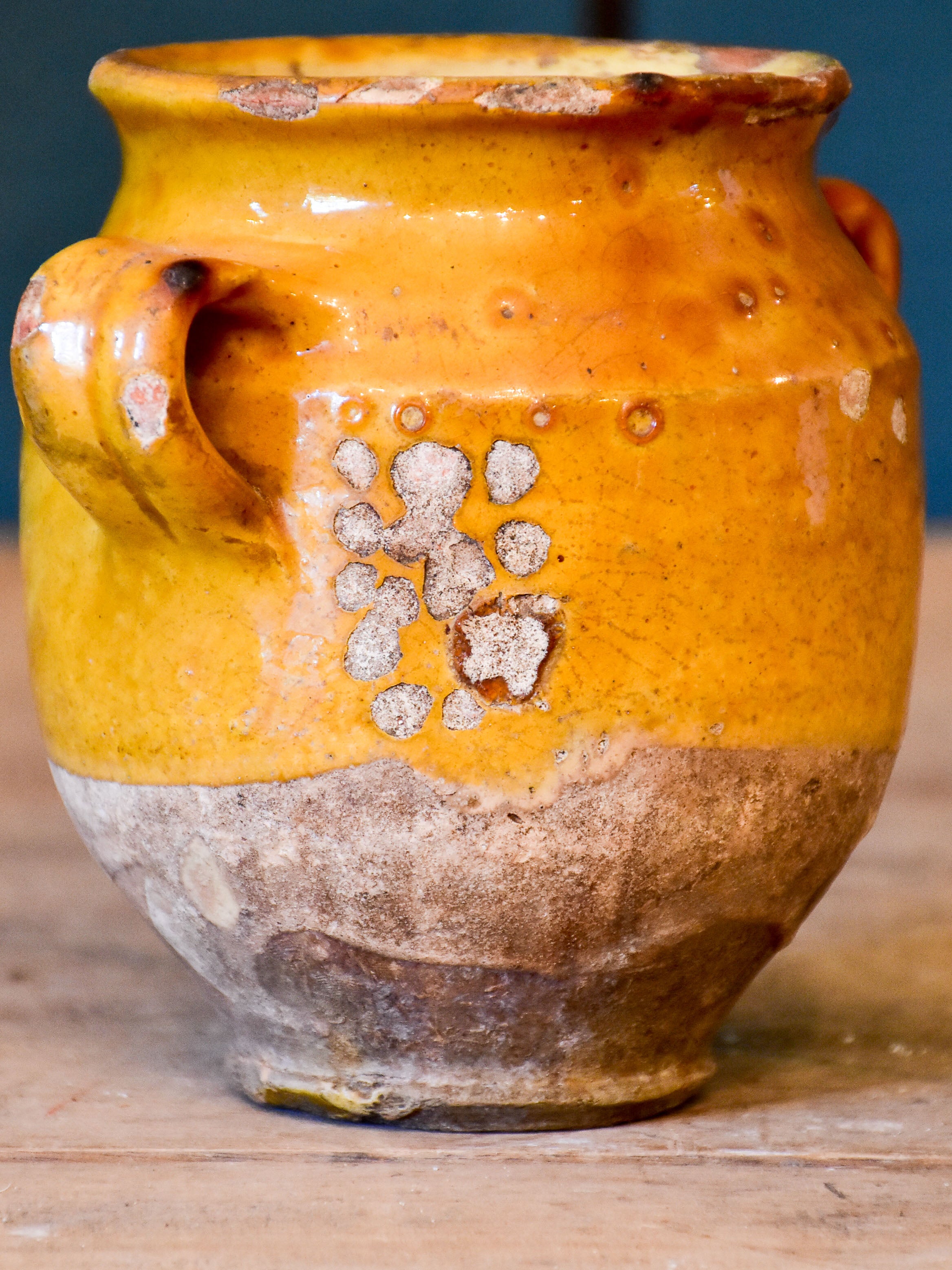 Very small antique French confit pot with yellow glaze