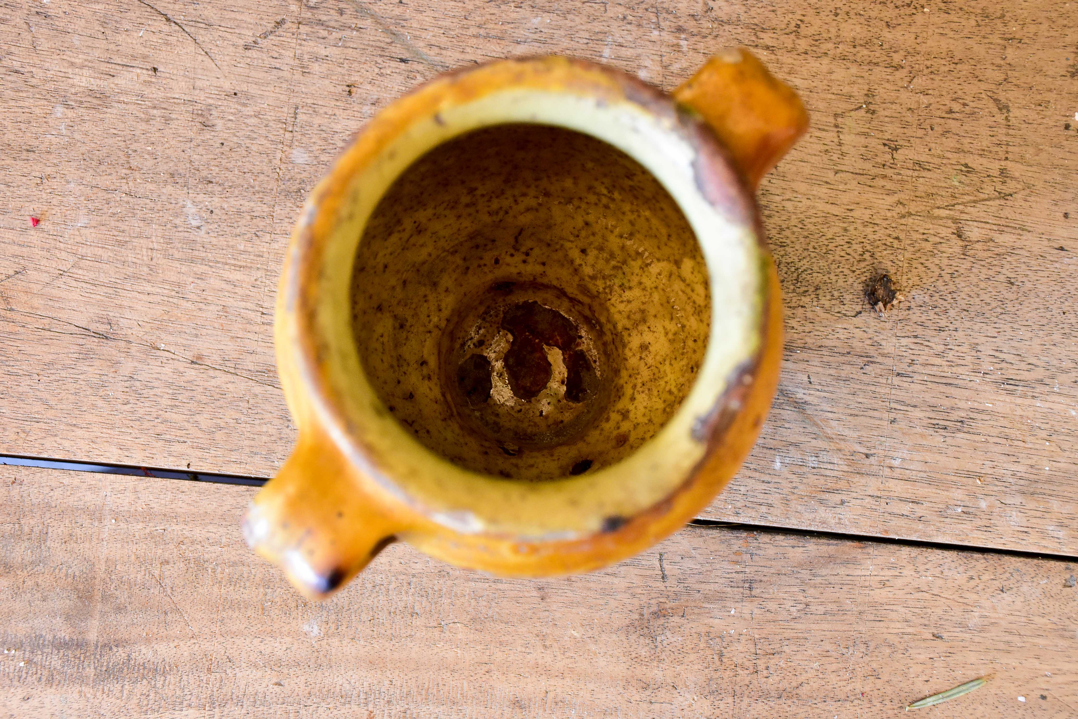 Very small antique French confit pot with yellow glaze