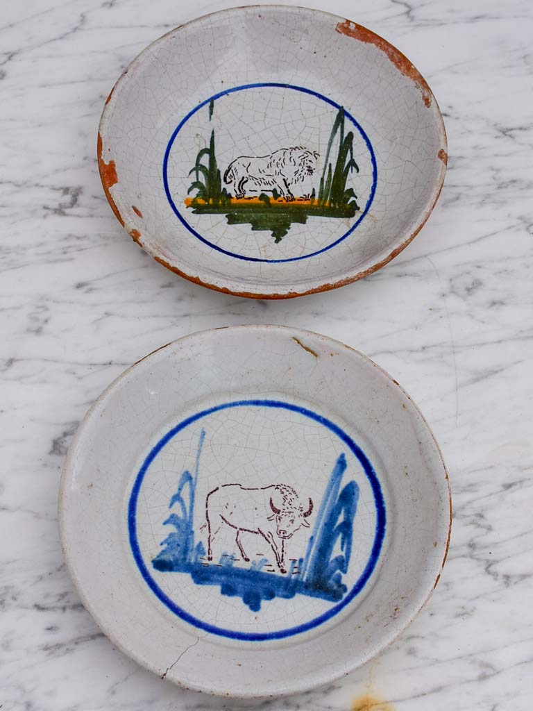 Pair of antique French animal plates - hand painted