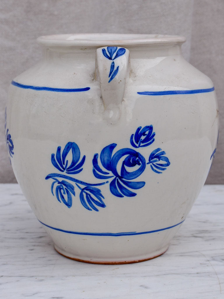 19th Century French confit pot with handpainted blue flowers 7"