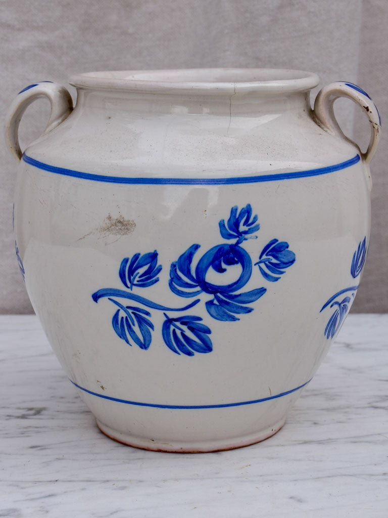 19th Century French confit pot with handpainted blue flowers 7"