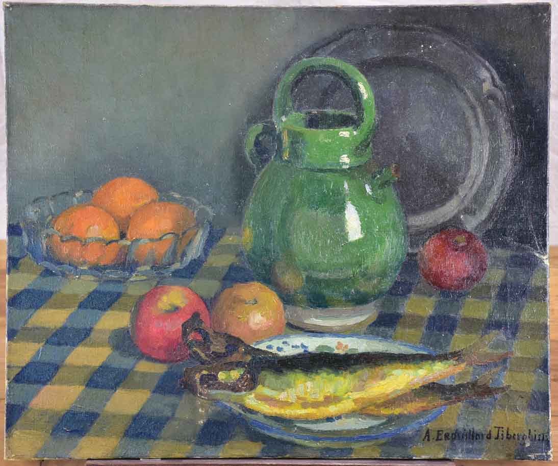 Antique French still life - fruit and fish on a blue and white tablecloth 18" x 21 ¾"