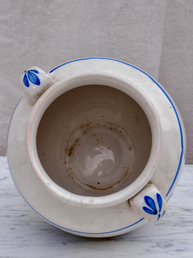 19th Century French confit pot with handpainted blue flowers 7"