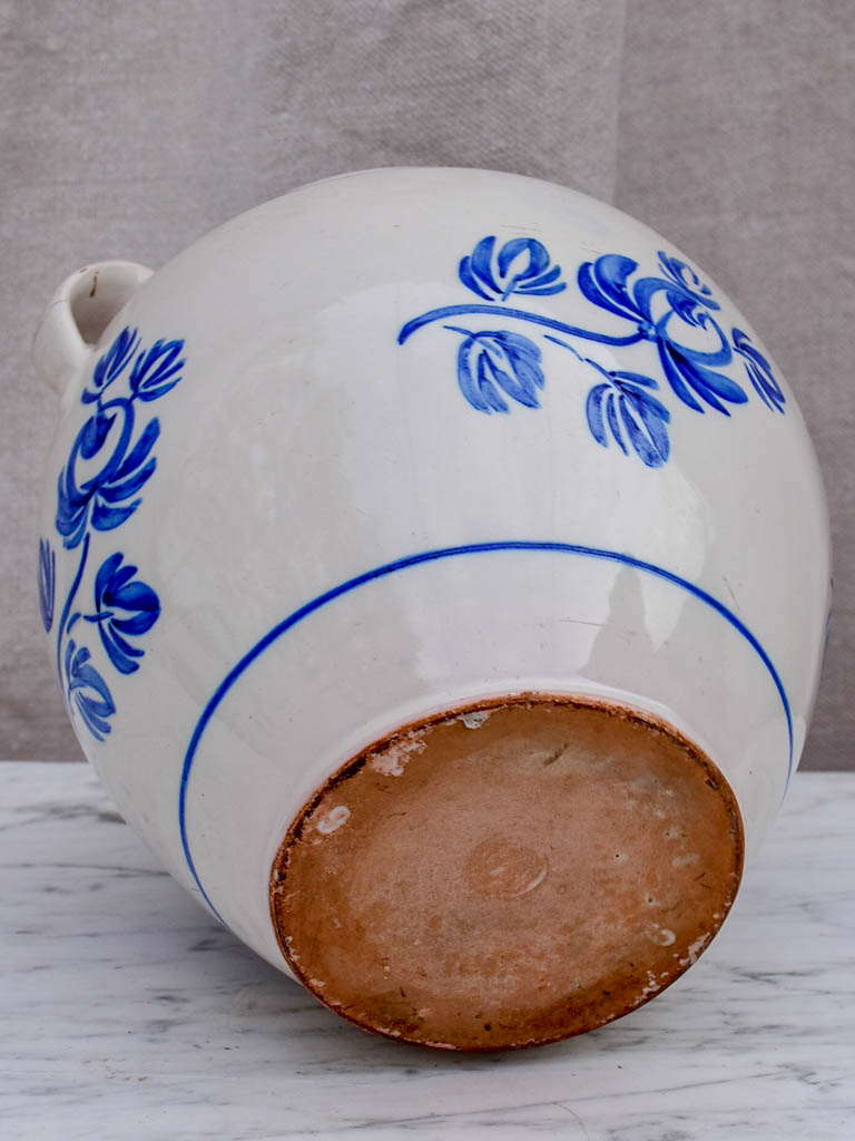 19th Century French confit pot with handpainted blue flowers 7"