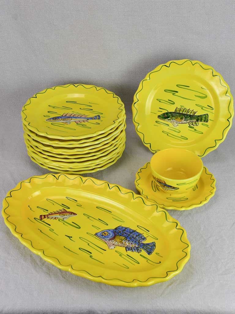 12 plate vintage hand painted French fish service -  Louis Sicard Aubagne