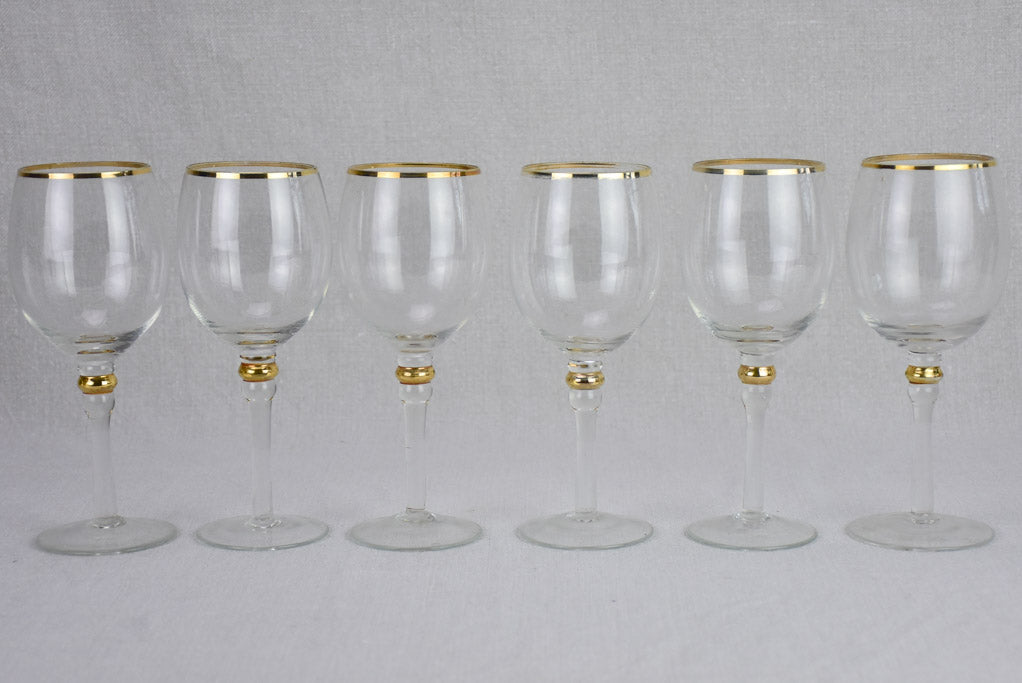 Set of 6 antique wine glasses with gold trim - crystal