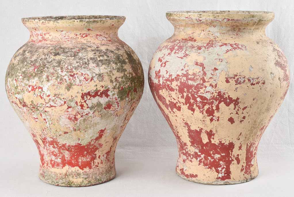 2 Willy Guhl planters with red & beige patina 18½"