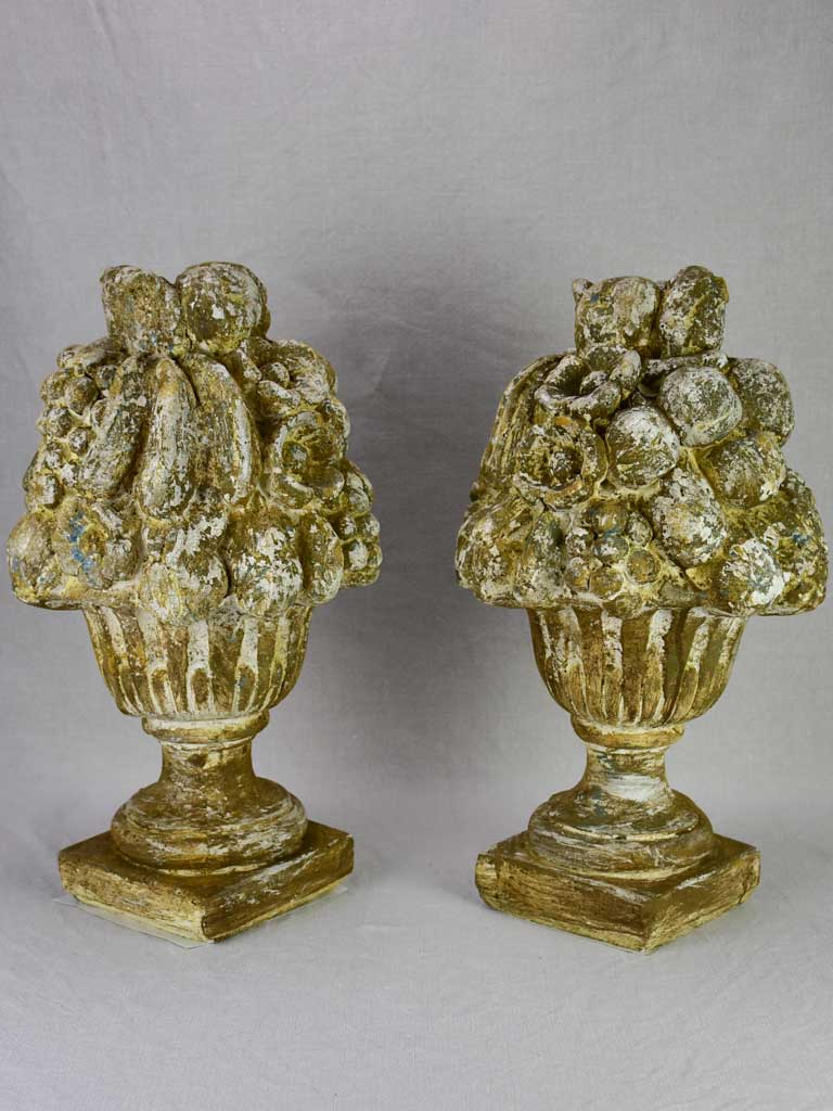 Pair of vintage French garden fruit basket finials 19¼"