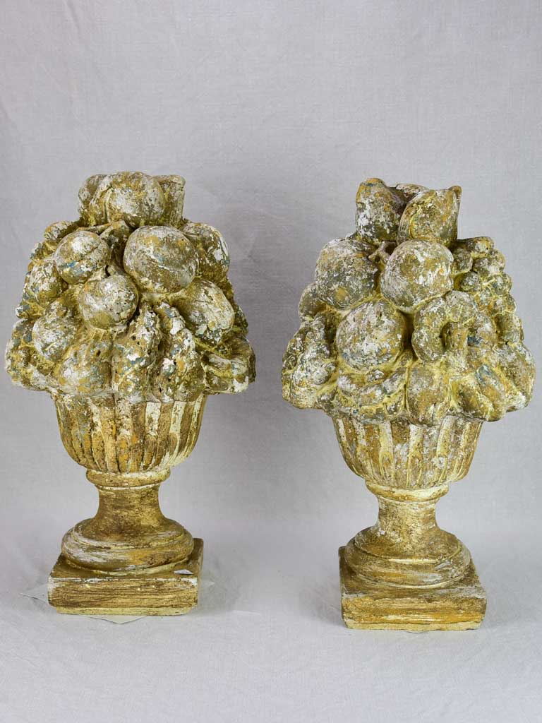 Pair of vintage French garden fruit basket finials 19¼"