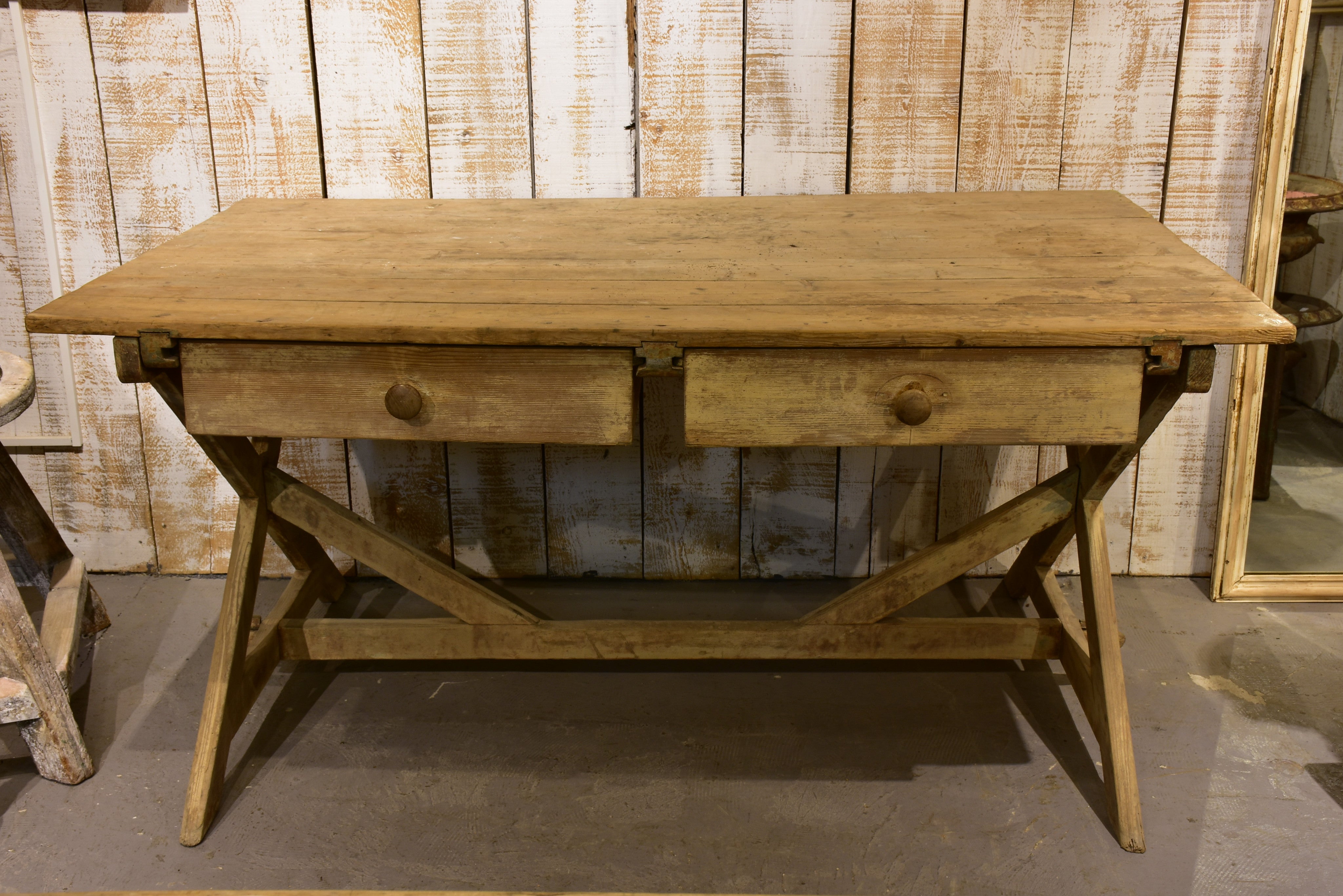 Farm table, large, cross-braced legs, 19th-century