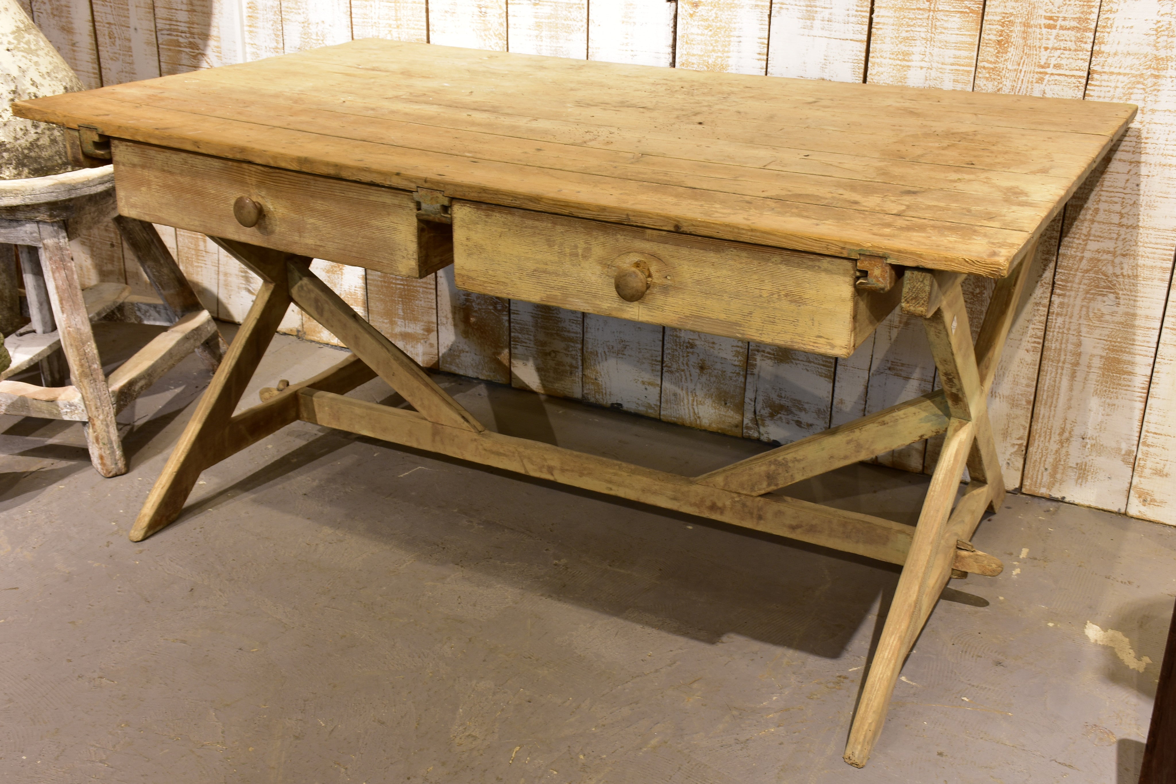 Farm table, large, cross-braced legs, 19th-century