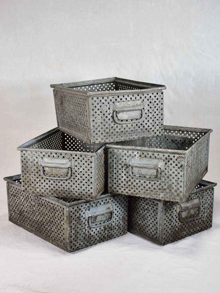 Five industrial German perforated zinc boxes 12½" x 19"