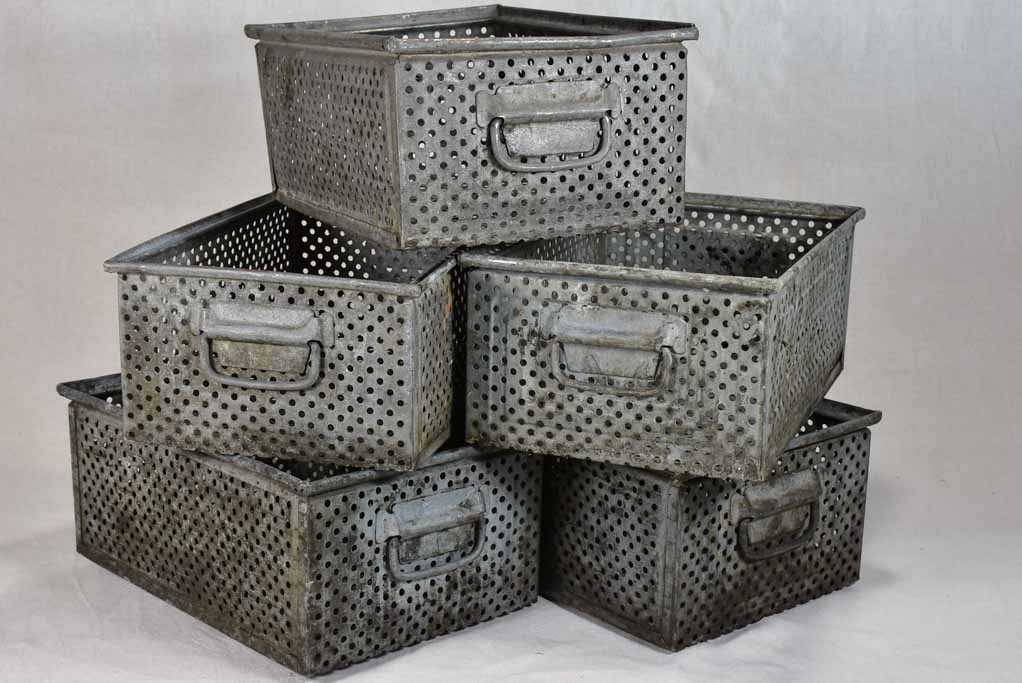 Five industrial German perforated zinc boxes 12½" x 19"