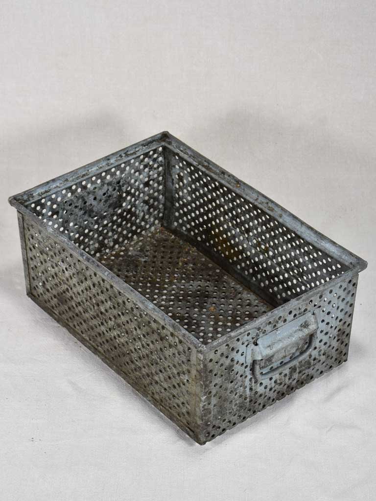 Five industrial German perforated zinc boxes 12½" x 19"