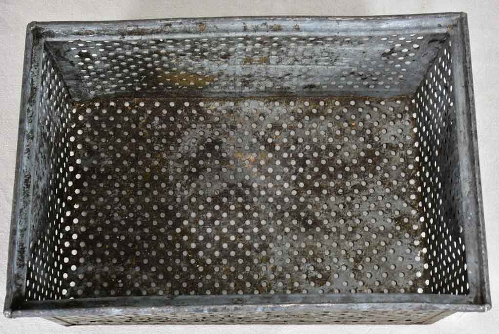 Five industrial German perforated zinc boxes 12½" x 19"