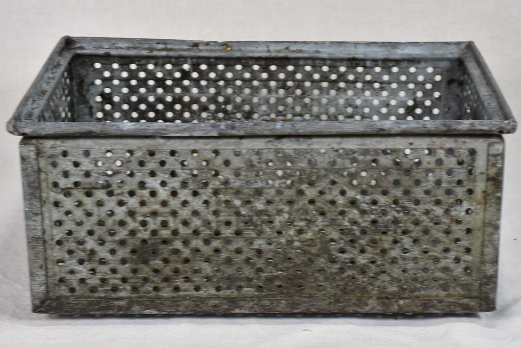 Five industrial German perforated zinc boxes 12½" x 19"