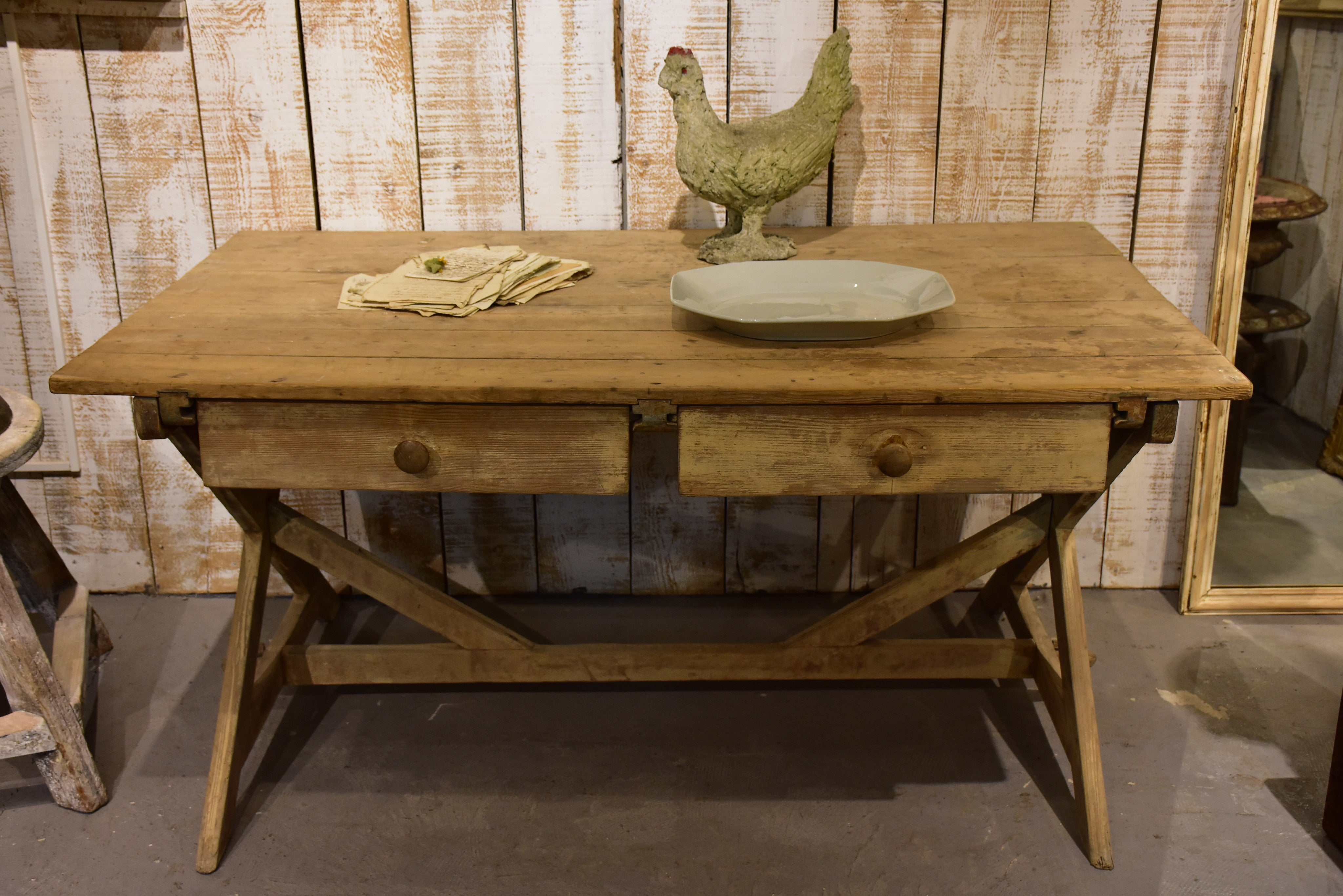 Farm table, large, cross-braced legs, 19th-century