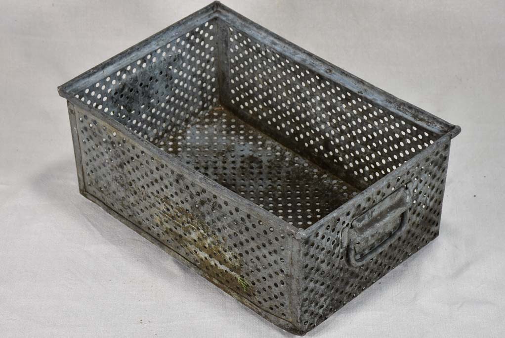 Five industrial German perforated zinc boxes 12½" x 19"