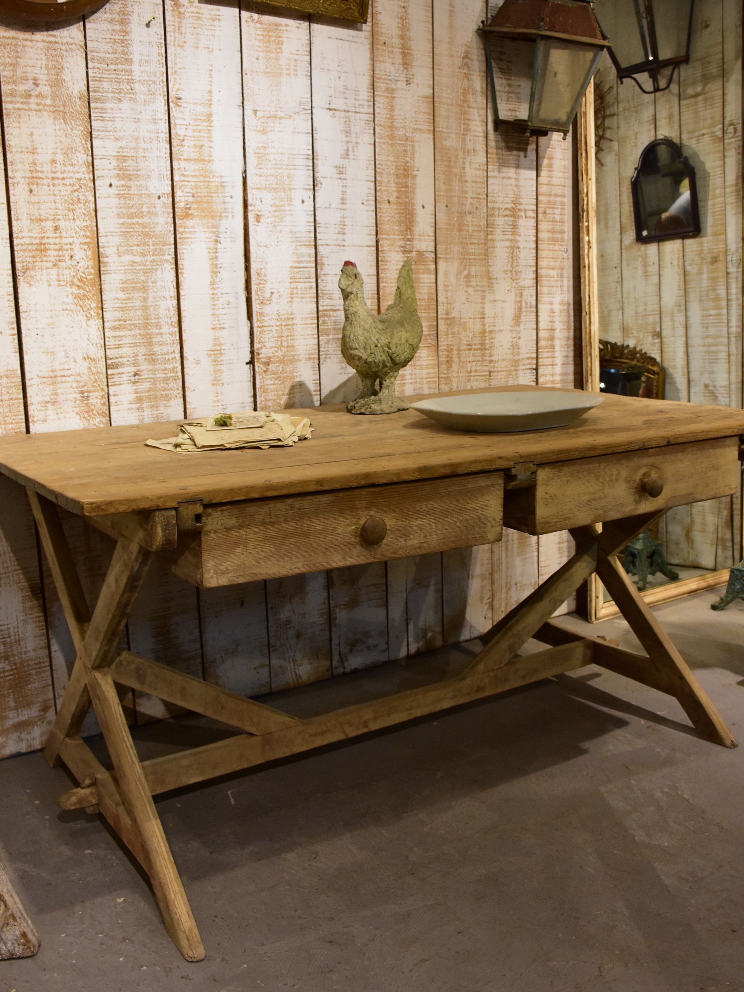 Large 19th century French farm table with cross braced legs