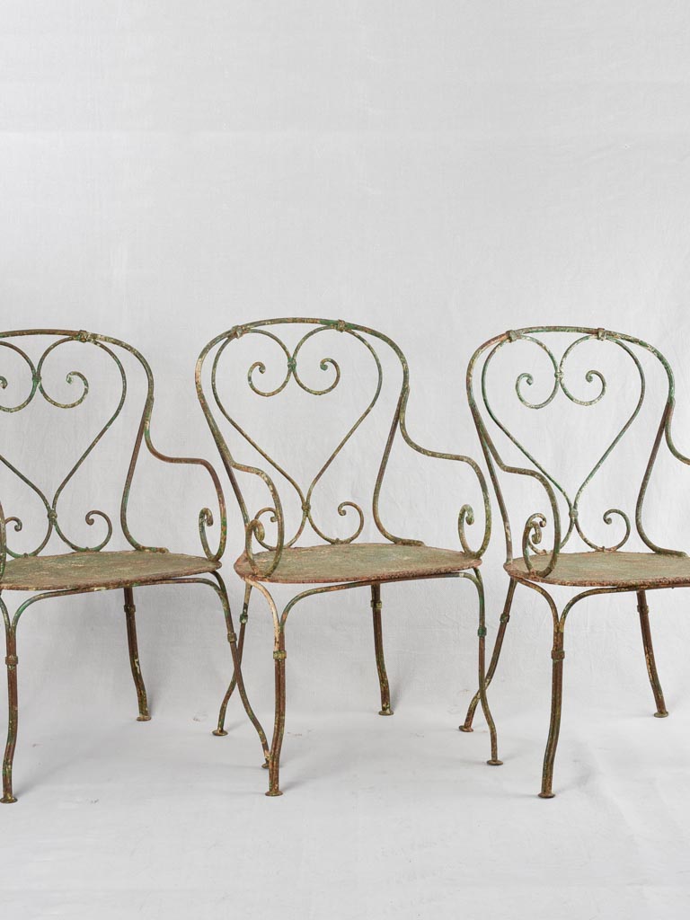 3 heart back garden armchairs with green patina