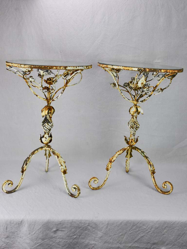 Pair of pretty weathered side tables with floral decoration and glass top