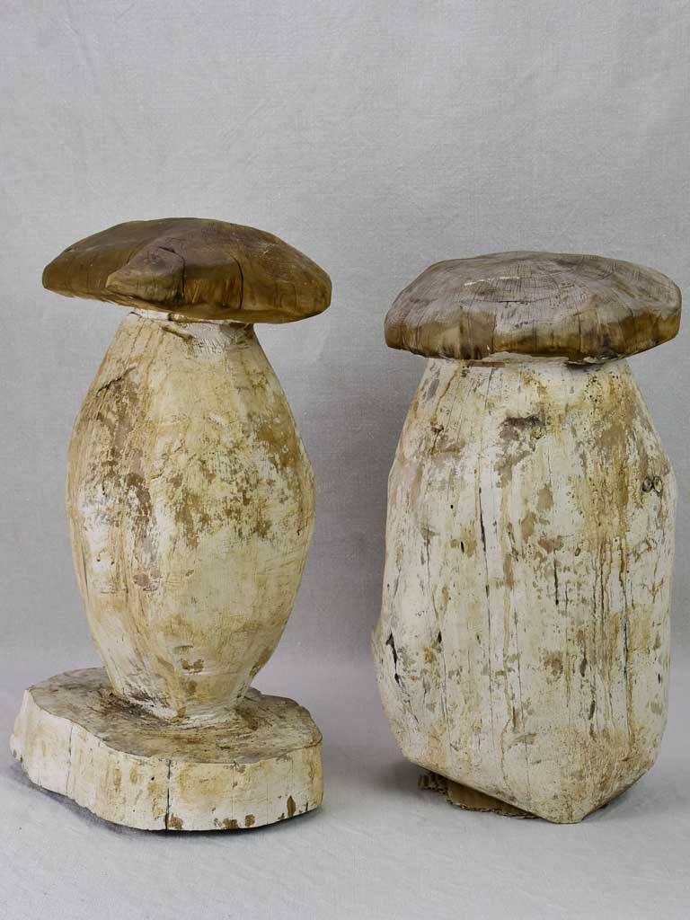 Two artisan made carved timber garden mushroom stools