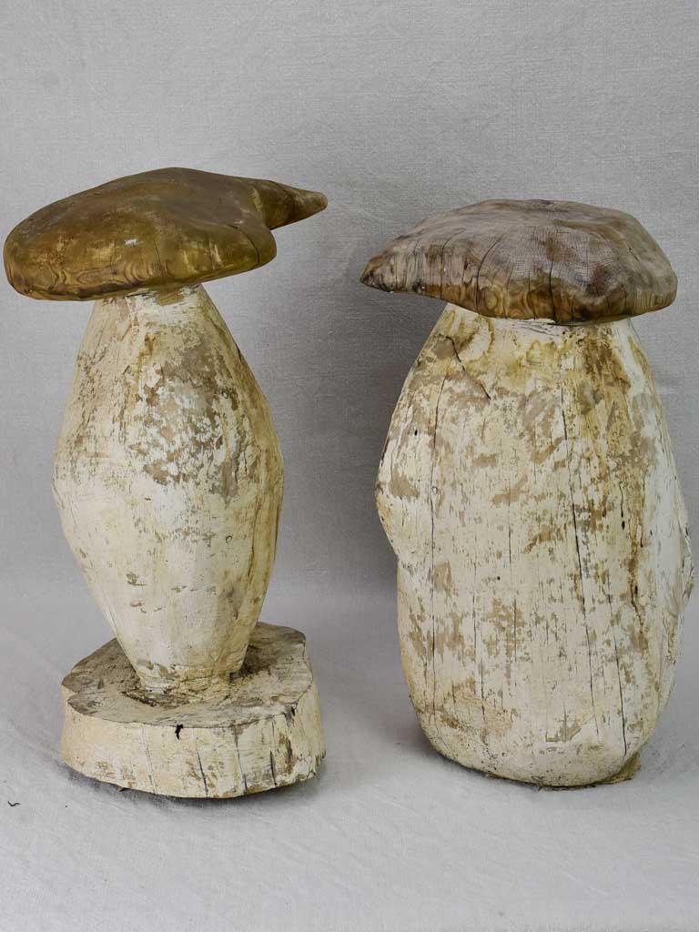 Two artisan made carved timber garden mushroom stools