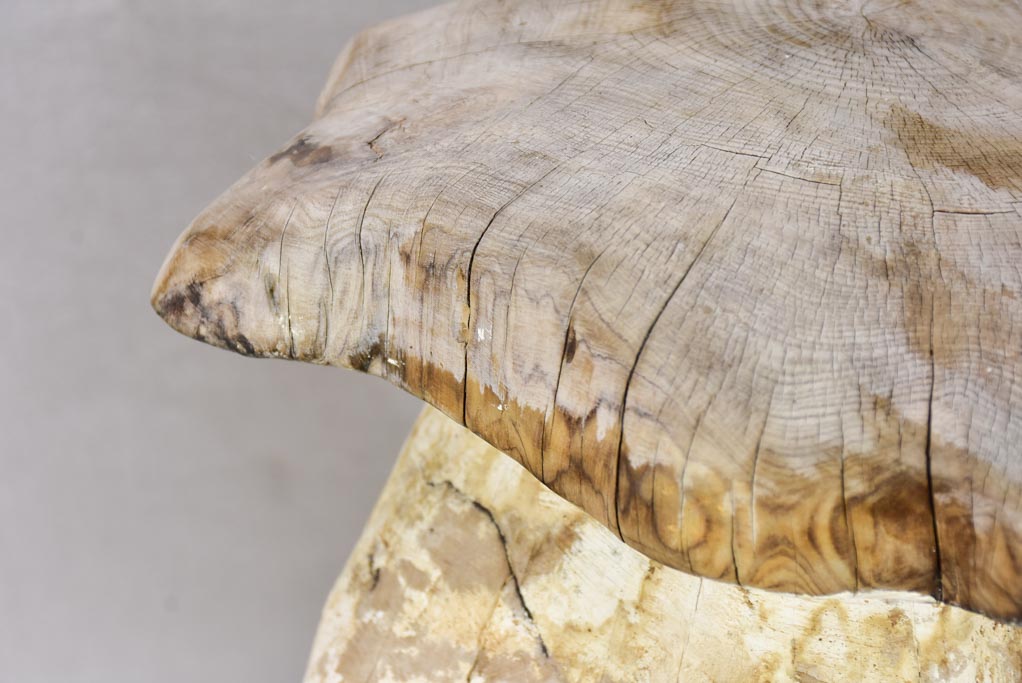 Two artisan made carved timber garden mushroom stools