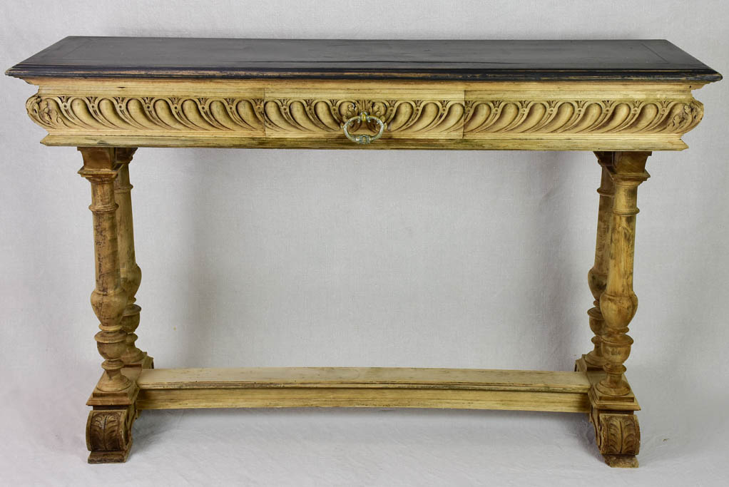 Narrow antique French console table - bleached walnut base and black painted top 15¾" x 47¼"