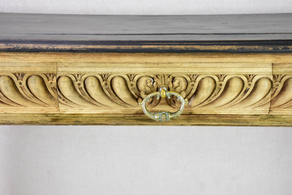 Narrow antique French console table - bleached walnut base and black painted top 15¾" x 47¼"