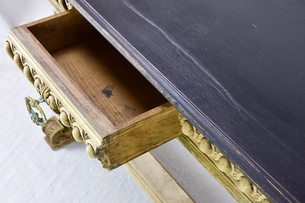 Narrow antique French console table - bleached walnut base and black painted top 15¾" x 47¼"