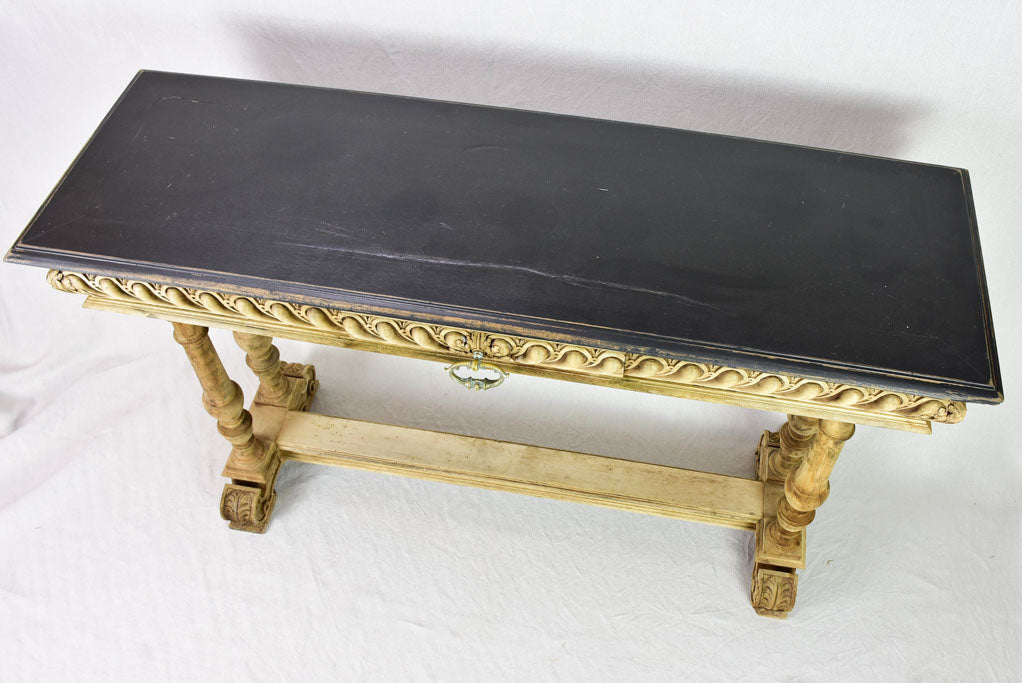 Narrow antique French console table - bleached walnut base and black painted top 15¾" x 47¼"