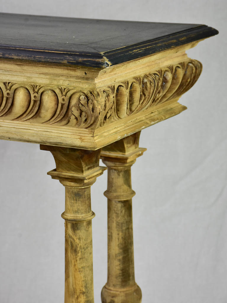 Narrow antique French console table - bleached walnut base and black painted top 15¾" x 47¼"