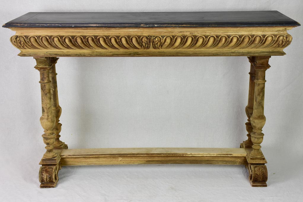 Narrow antique French console table - bleached walnut base and black painted top 15¾" x 47¼"