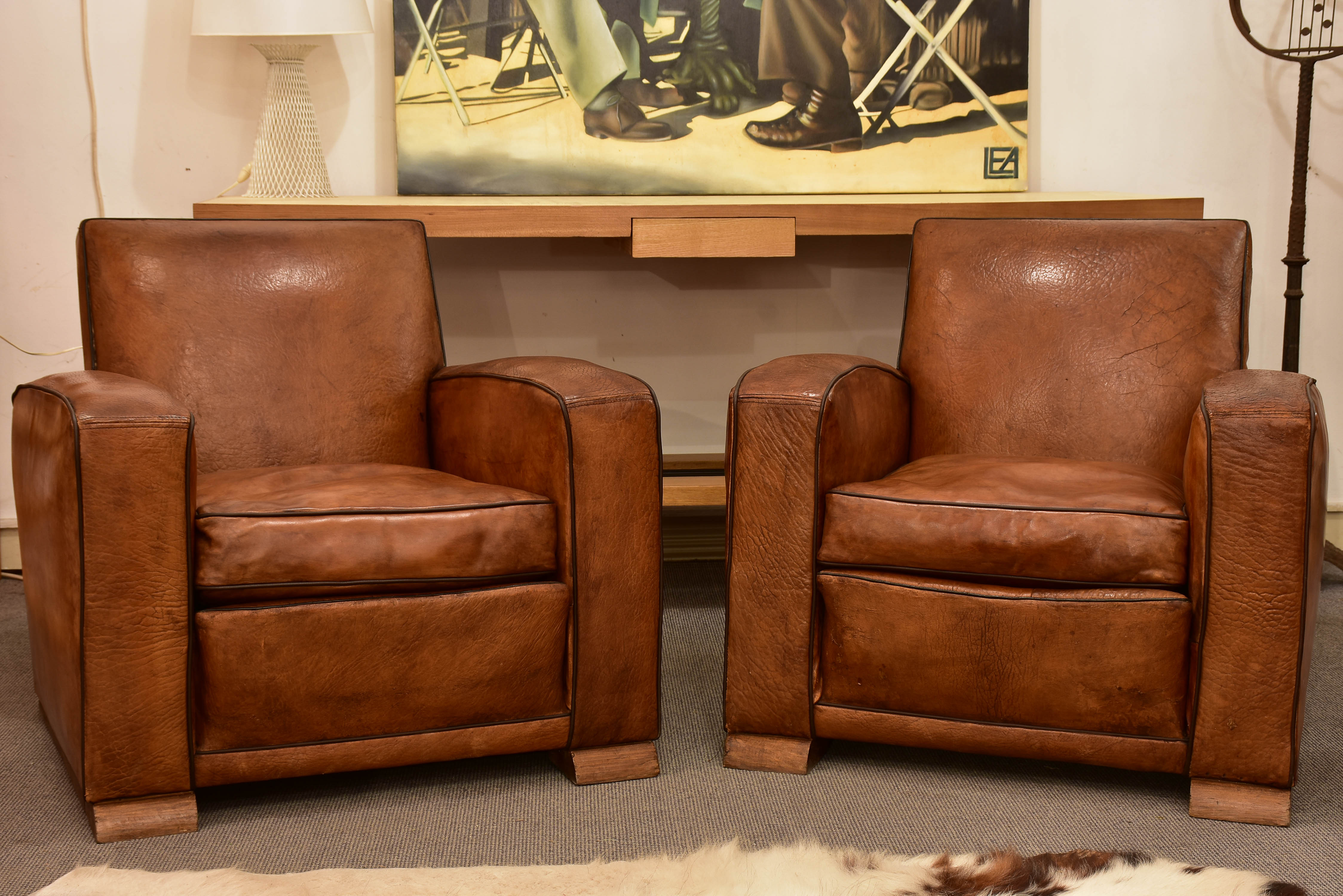 Pair of Art Deco French leather club chairs