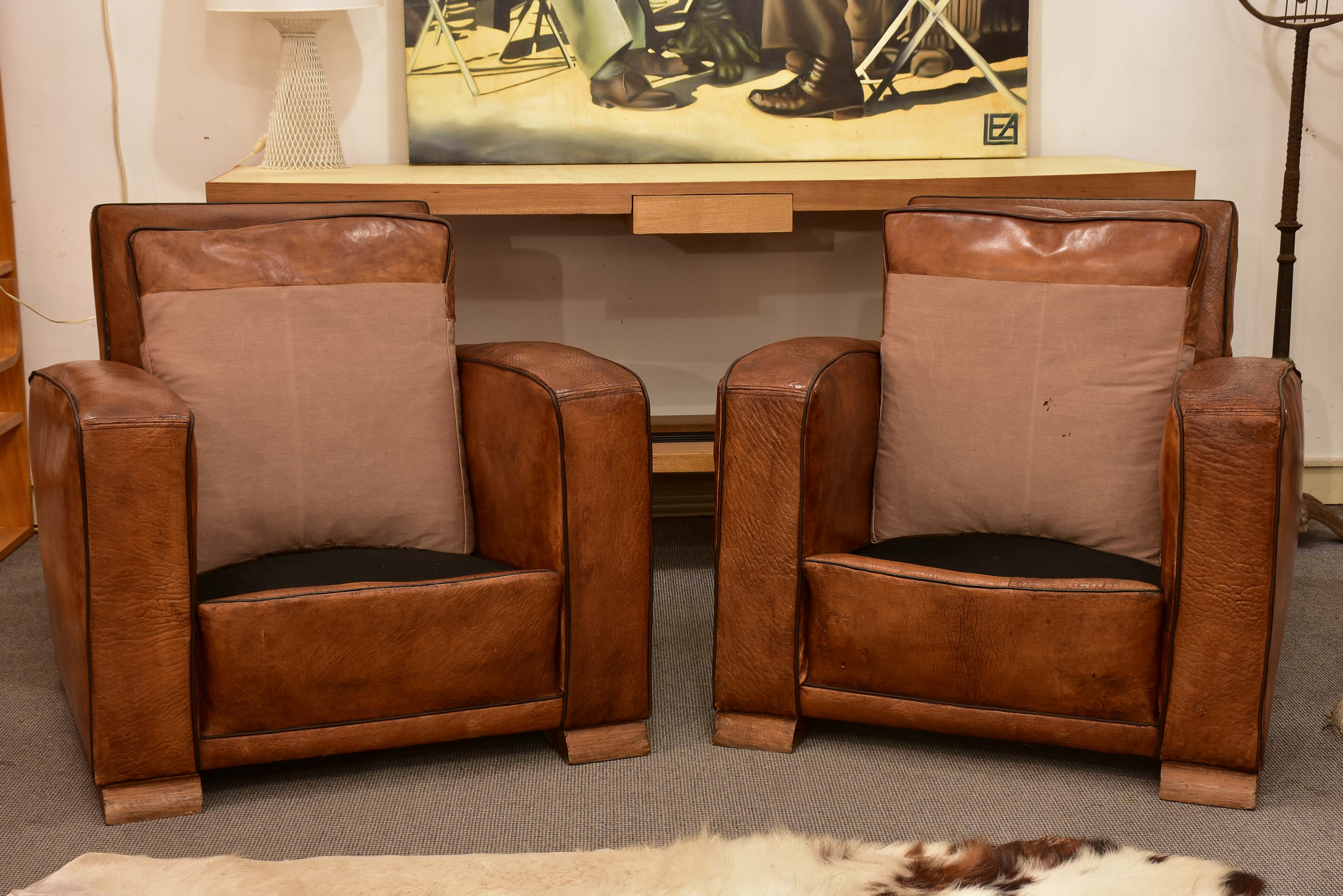 Pair of Art Deco French leather club chairs