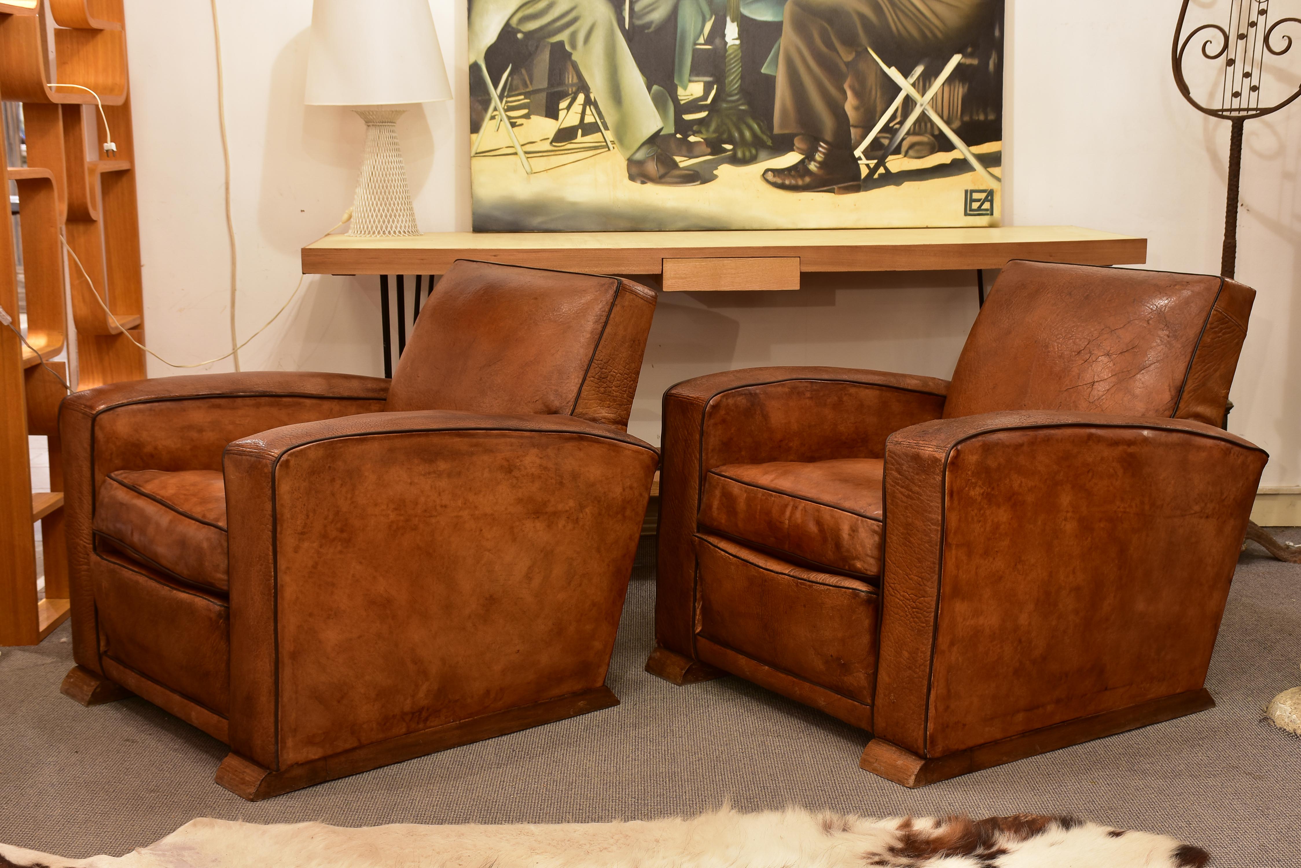 Pair of Art Deco French leather club chairs