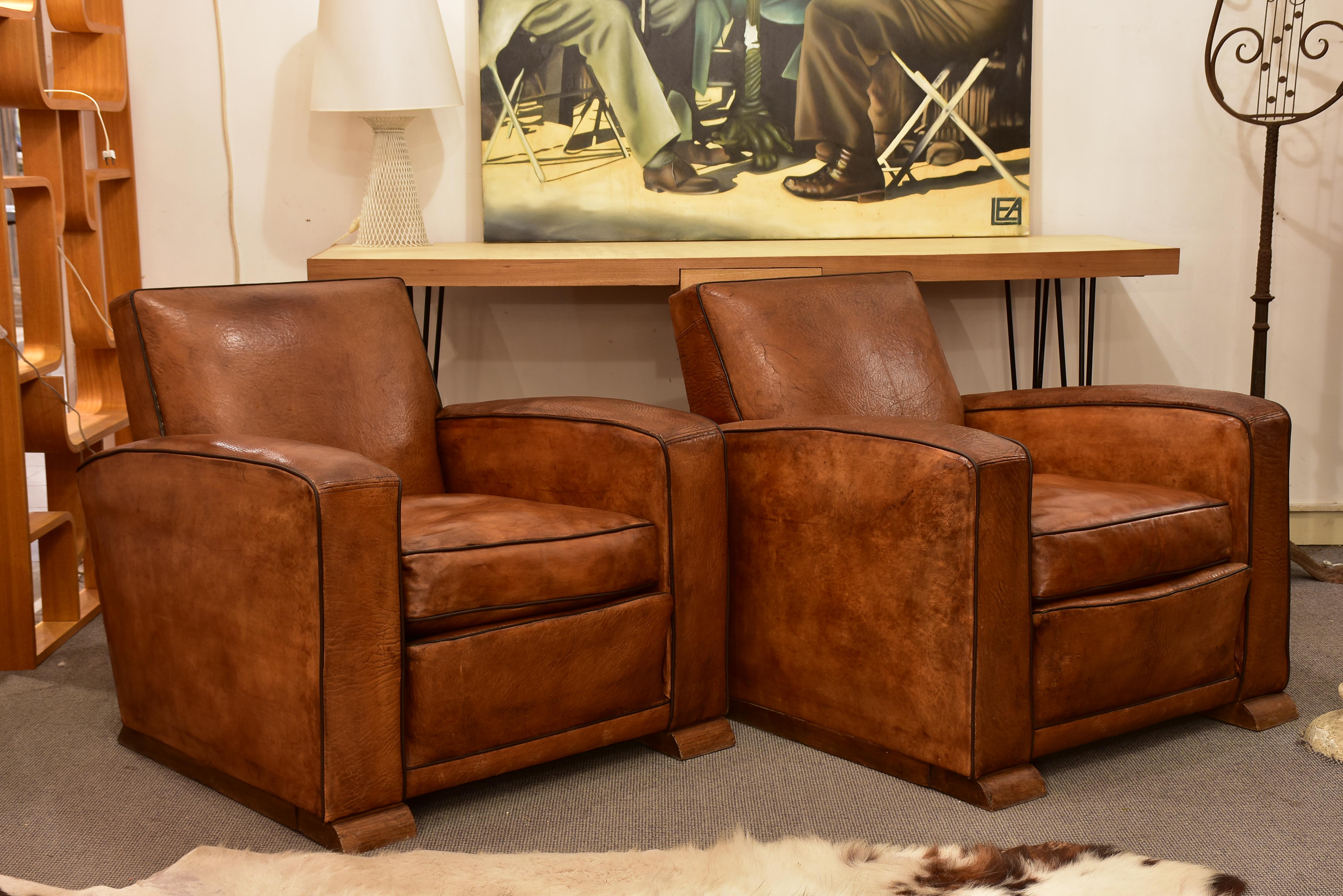 Pair of Art Deco French leather club chairs