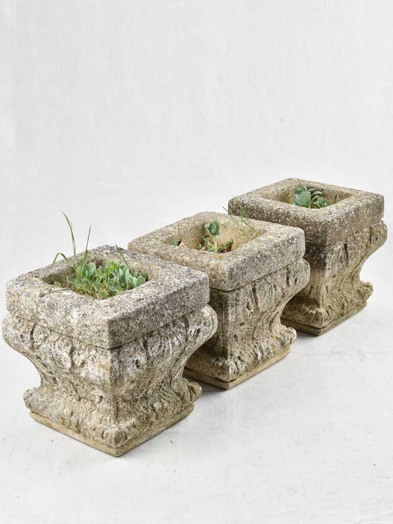 Three square antique stone planters 11"