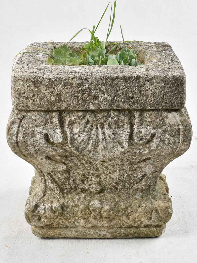 Three square antique stone planters 11"