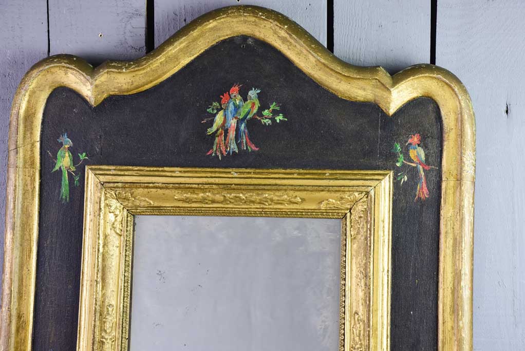 Pretty antique French mirror with broad frame decorated with parakeets - Napoleon III 32¾" x 22"