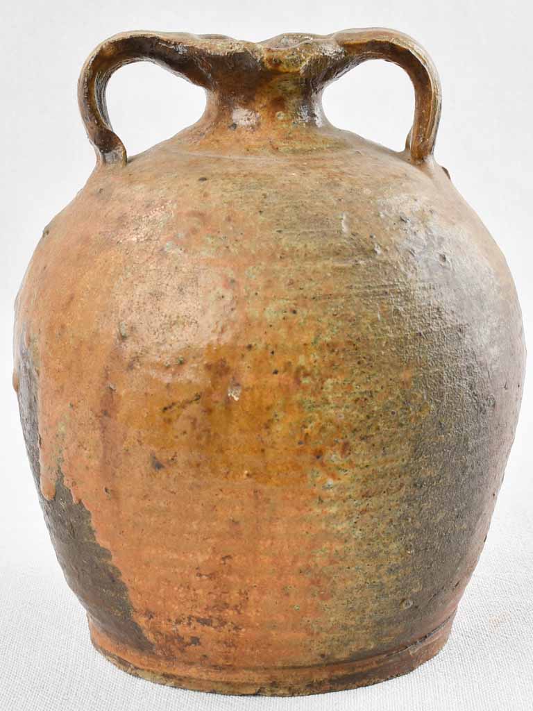 19th century terracotta oil pot w/ 2 handles 8¾"