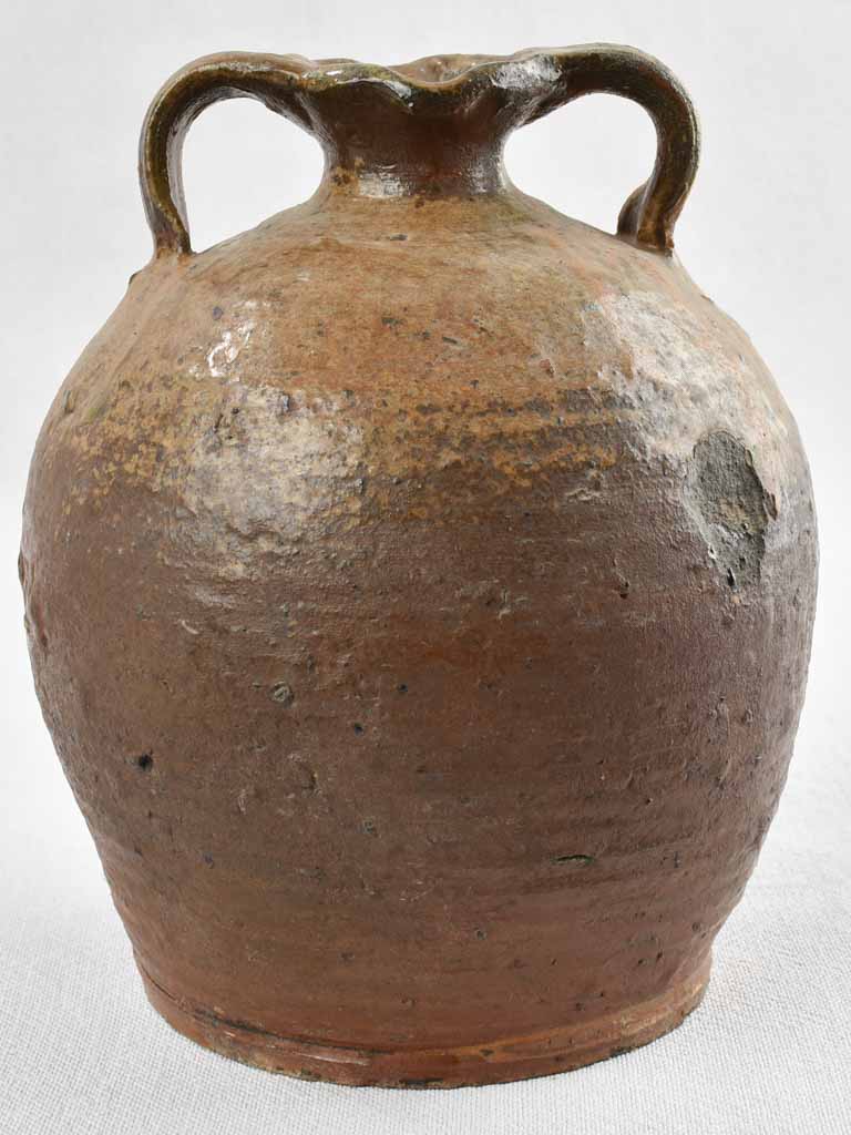 19th century terracotta oil pot w/ 2 handles 8¾"