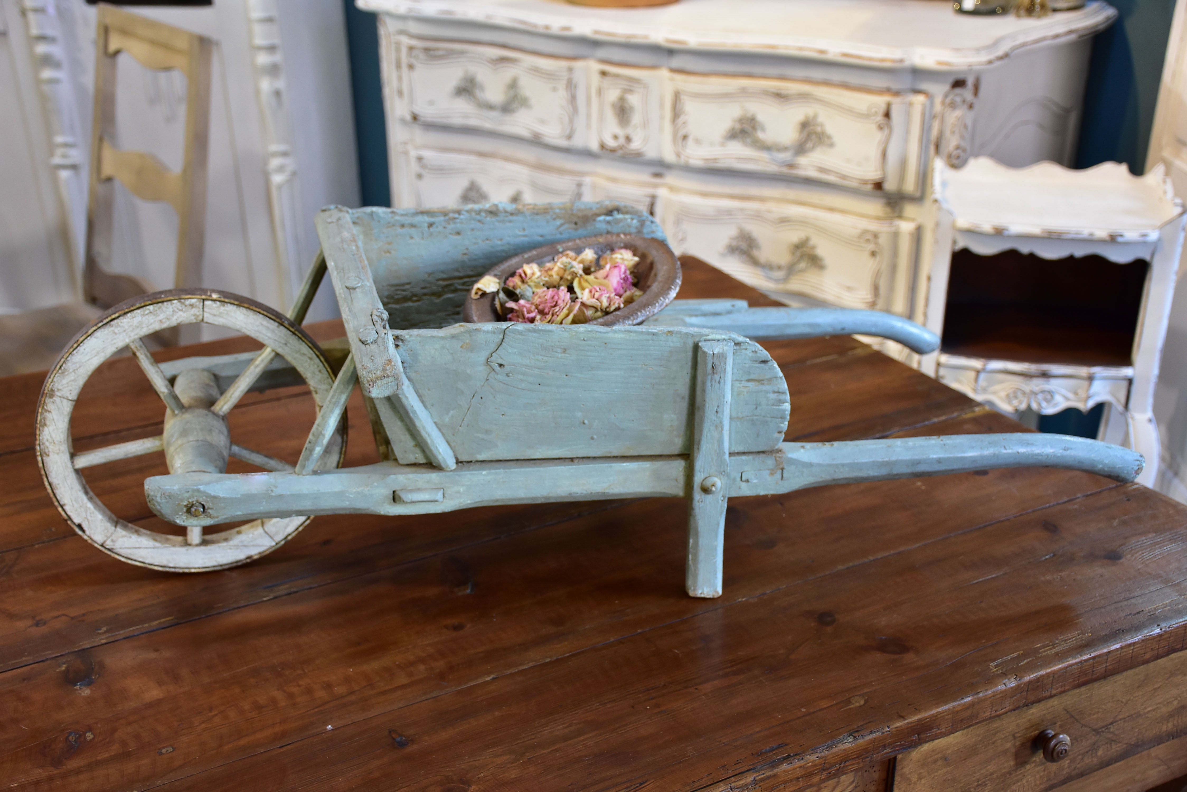 Small French wooden wheelbarrow